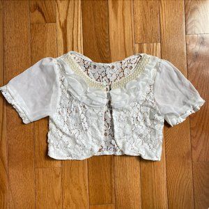 Vintage Short Sleeve Top with Lace Detail and Faux Pearls